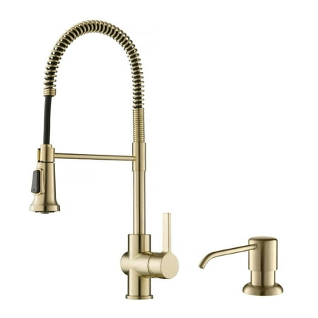 Kraus Britt Single Handle Commercial Kitchen Faucet with Deck Plate and Soap Dispenser in Spot Free Antique Champagne Bronze Finish