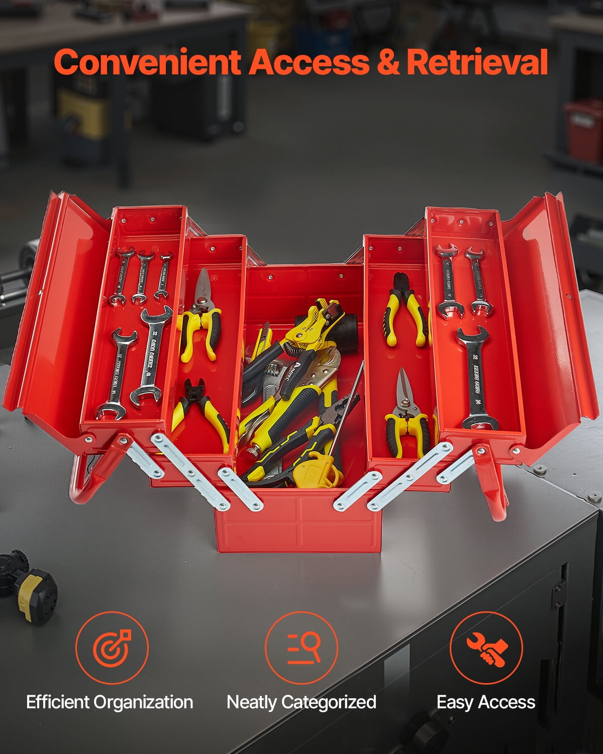 VEVOR Metal Tool Box, 18-inch, 3-Tier 5-Tray Portable Folding Tool Chest Organizer with Handle & Lock Hole, Powder Coated Steel, Cantilever Toolbox for Household Factory Warehouse Repair Shop, Red