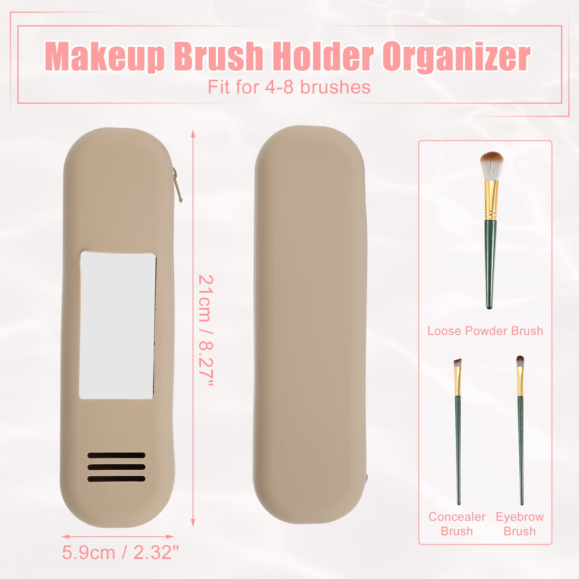 Unique Bargains Silicone Makeup Brush Holder Travel Essentials Makeup Brush Organizer with Mirror Makeup Brush Bag Khaki