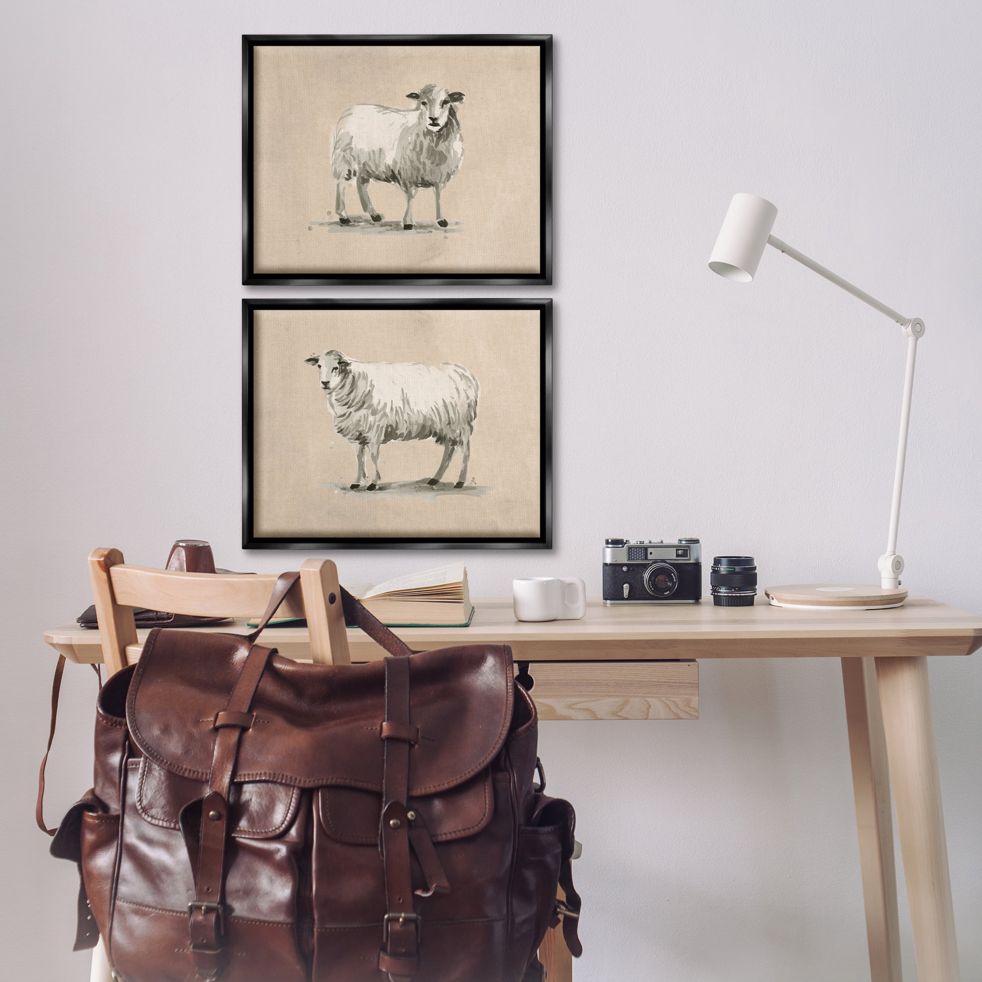 Stupell Industries Beige Sheep Portrait Animals Painting Black Floater Framed Canvas Art Print Wall Art, 21 x 17, Set of 2