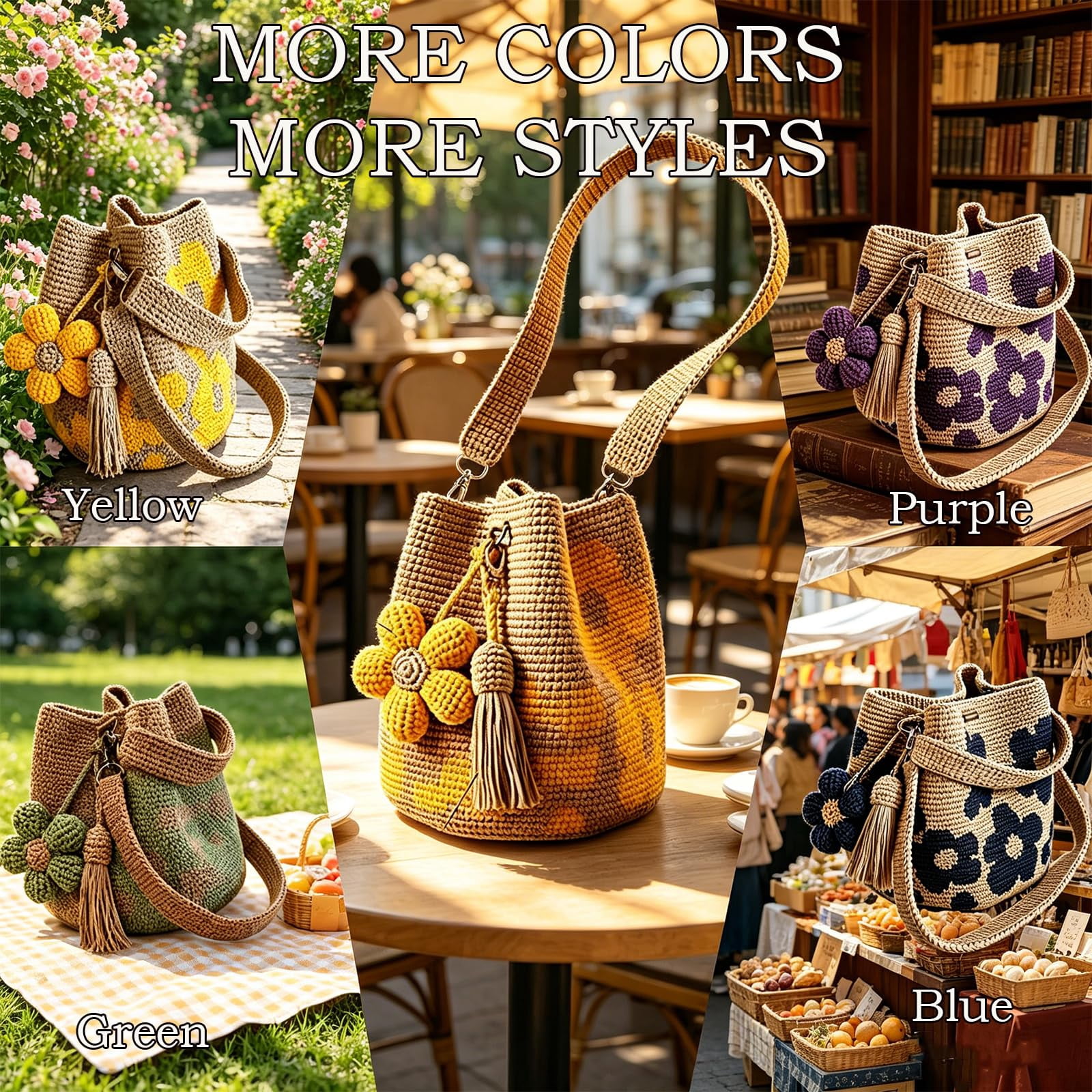 Handmade Crochet Flower Tote Knit Boho Beach Handbags Crossbody Shoulder Bag for Women Large Capacity Design