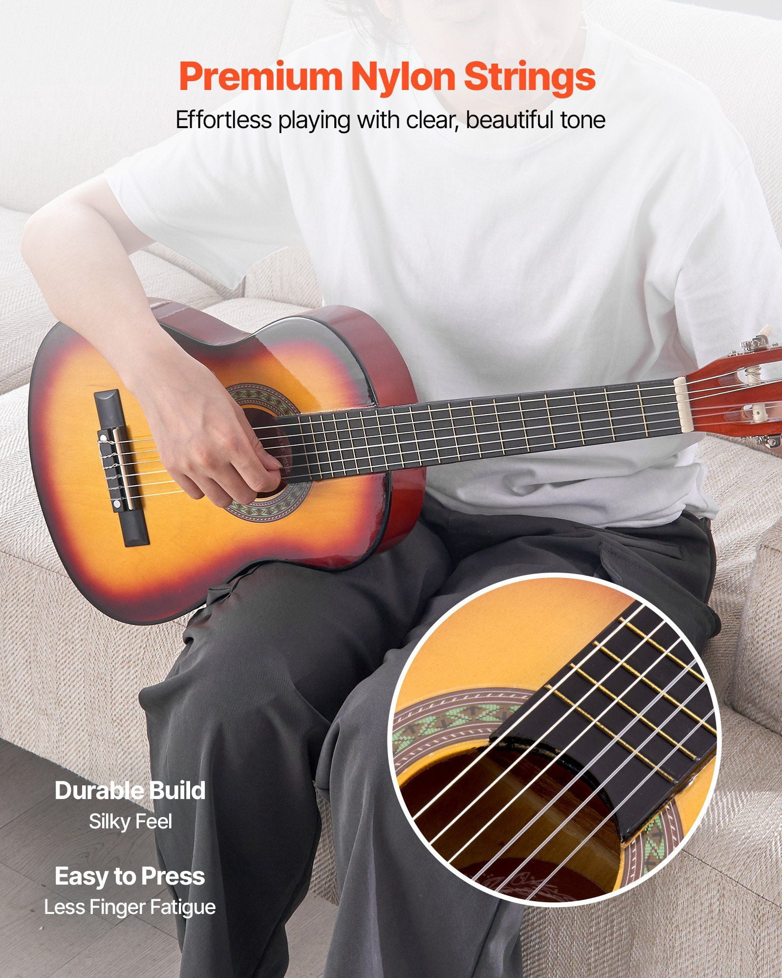 30 Inch Basswood Classical Guitar Starter Kit with Nylon Strings Gig Bag Strap Tuner Extra Strings Pick Capo Sunburst for Beginners Kids Students