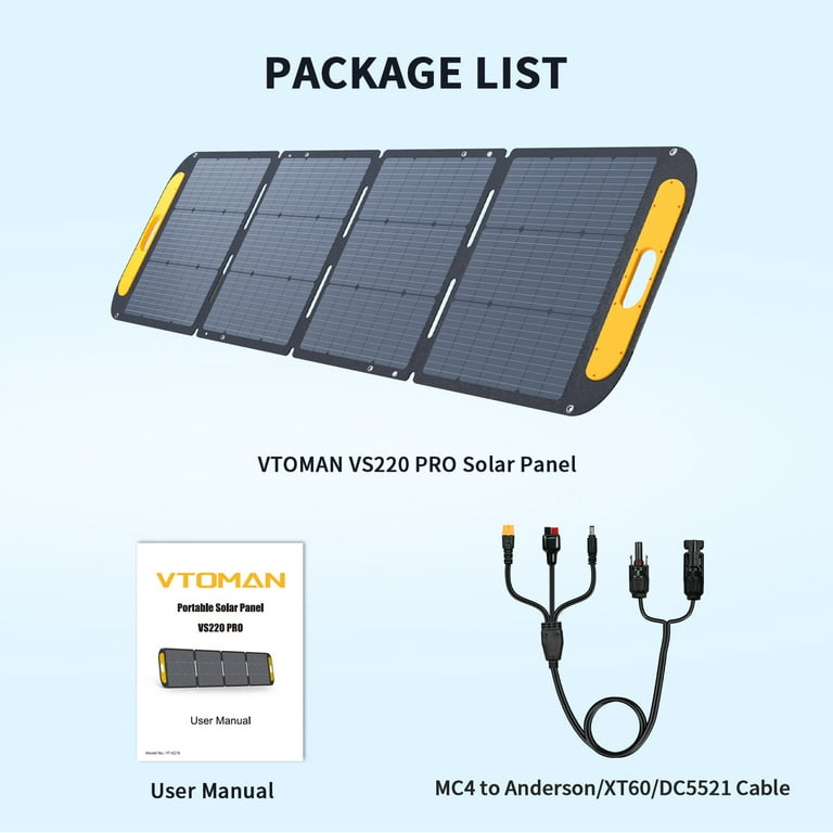 Vtoman VS220 Pro Folding Solar Panel 220W 48V,23% Efficiency Portable Solar  Panel with MC-4 & IP67 Waterproof and Adjustable Kickstand,Solar Panel for  Camping, RV, Boat, Power Station 