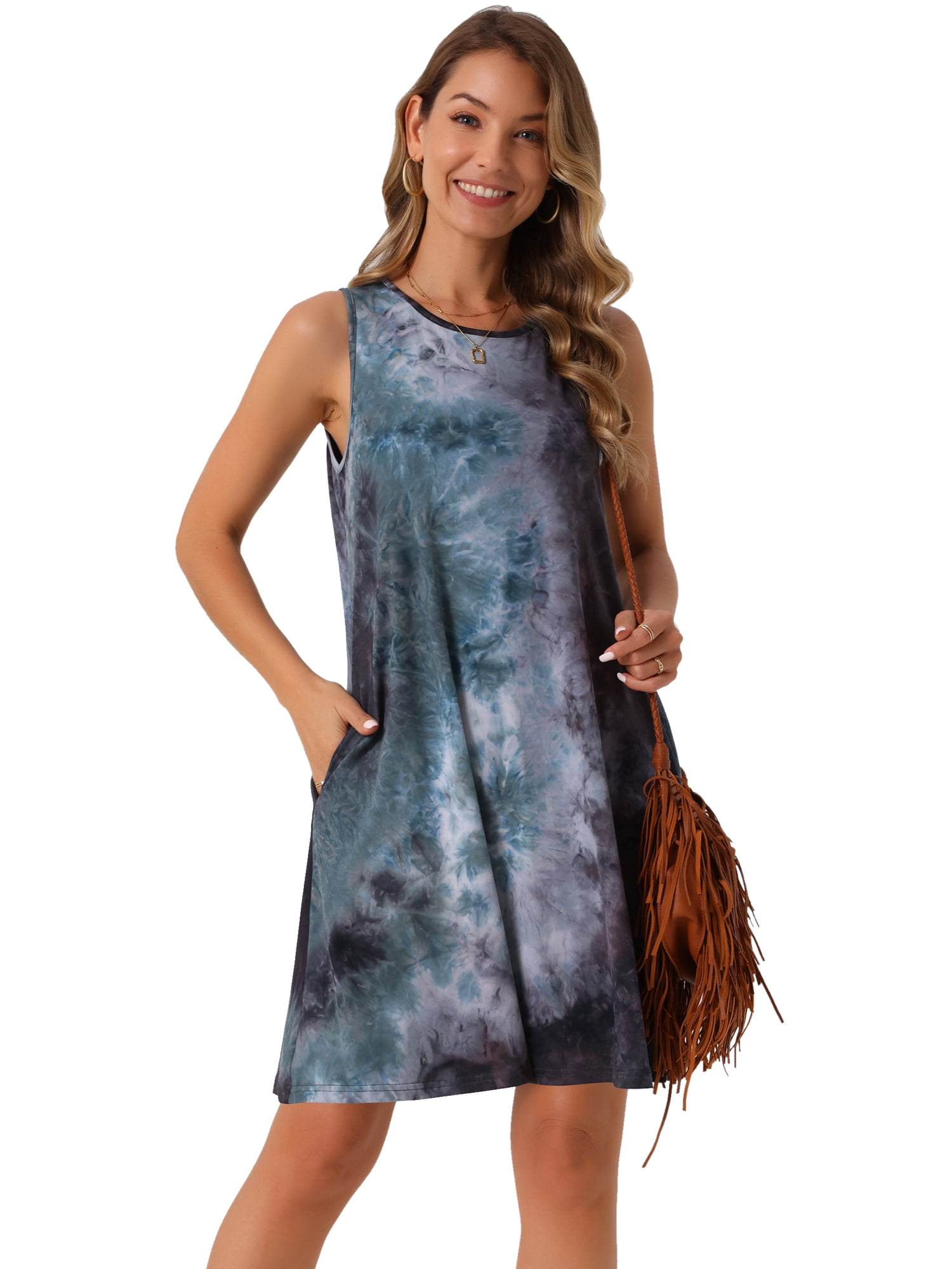 DARING DIVA Tie Dye Tank Dress Sleeveless Pockets Dress S Green Purple