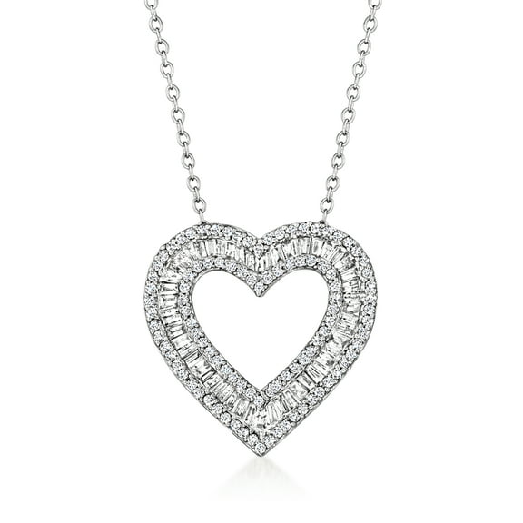 Ross-Simons 1.00 ct. t.w. Baguette and Round Diamond Open-Space Heart Pendant Necklace in Sterling Silver, Women's, Adult