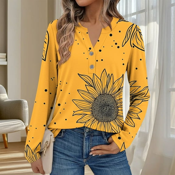 Fznquz Dressy Casual Plus Size Tops for Women Long Sleeve Yellow Work Blouses Formal Button Graphic V Neck Women Tee Shirts