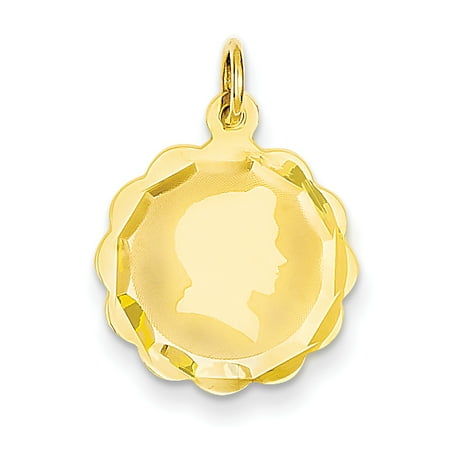 - 14k Yellow Gold Boy Head On .011 Gauge Engravable Scalloped Disc Pendant Charm Necklace Right Facing Girl Laser Designed Fine Jewelry For Women Gift Set