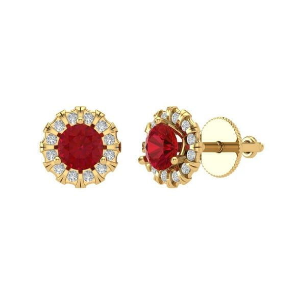 Clara Pucci 1.18 ct Brilliant Round Cut Halo Studs VVS1 Genuine Conflict free Red Ruby Solid 18K Yellow Gold Designer Everyday Earrings Screw back