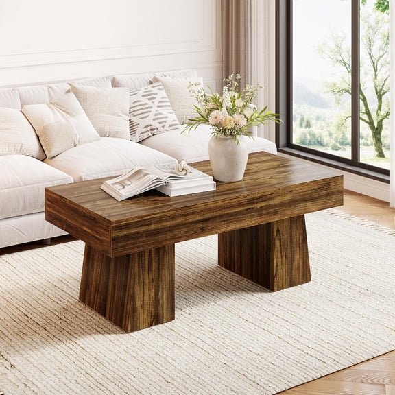 Walnut Brown Wooden Coffee Table, 47 Inch Rectangular Modern Low Center