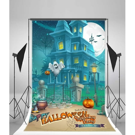 HelloDecor Polyester 5x7ft Photography Background Happy Halloween Spooky Party Photo Studio Video Backdrop Mysterious Haunted House Pumpkins Magic Hat and Cheer