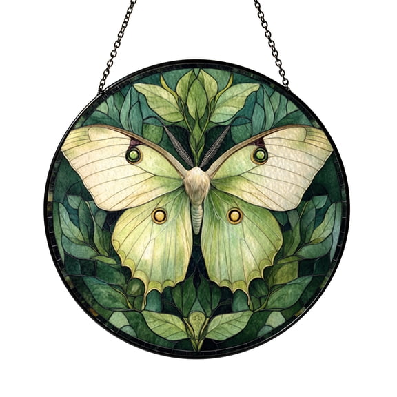 Luna Moth Stained Glass Suncatcher, Decorative Window Hanging Featuring Detailed Moth Wings, Soft Green Tones and Symmetrical Nature Design