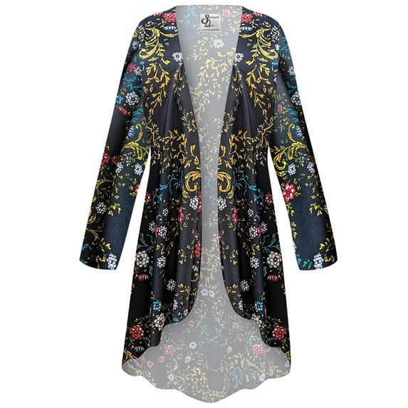 Women's Plus size 2x Tall Cascading Cardigan Cascade Golden Leaf Designer Print Slinky Casual Long Flowy Drape Mid-Weight Duster Sweater Made in USA