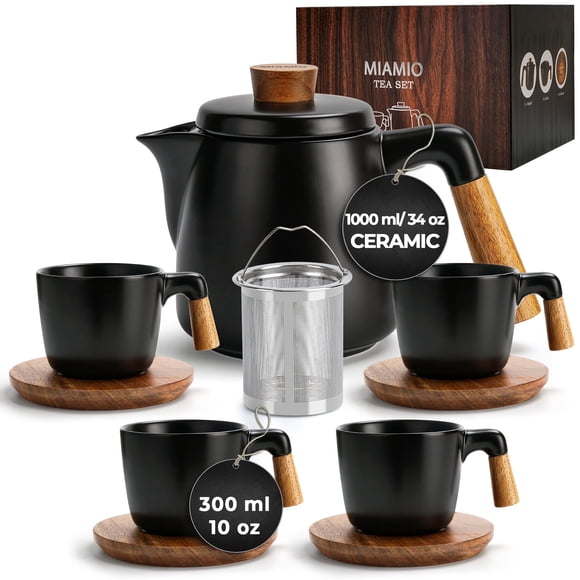MIAMIO – 34 Oz Ceramic Tea Pot Set with Infuser and Cups/Tea Strainer, 4 Ceramic Tea Mugs (10 Oz), Bamboo Saucers/Handle for Home and Office (B