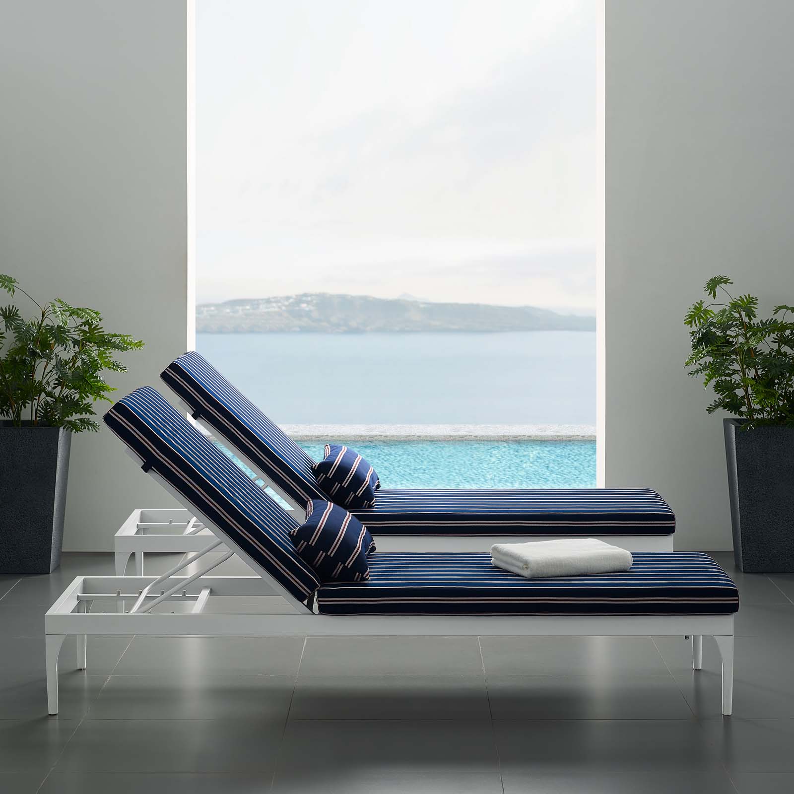 Modern Contemporary Urban Design Outdoor Patio Balcony Garden Furniture Lounge Chair Chaise, Fabric Metal Steel, White Navy - image 2 of 7