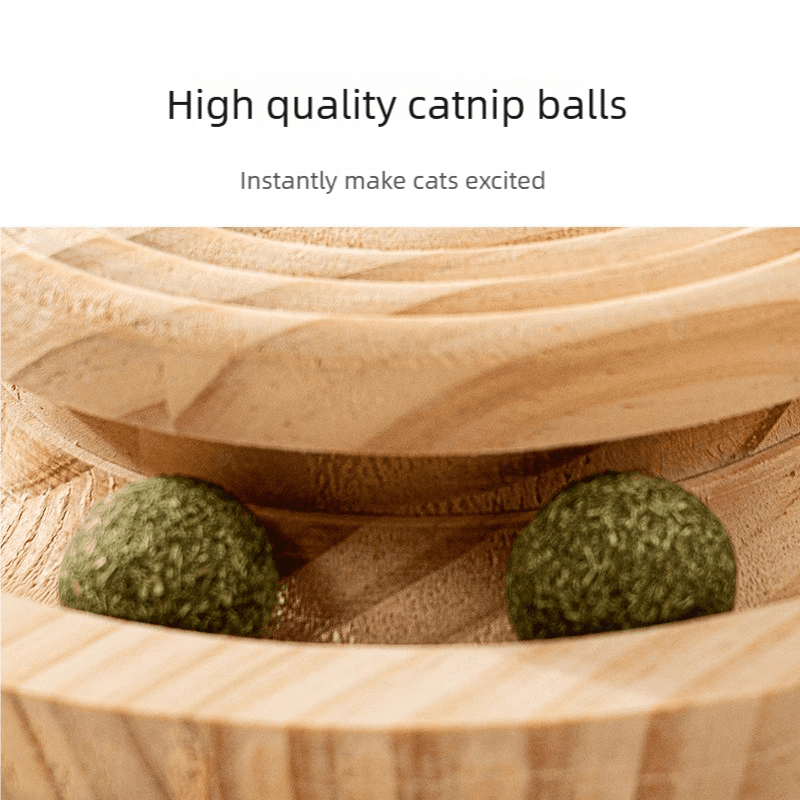 3-in-1 Natural Wood Cat Toy: Interactive Spinning Disk + Detachable Feather Wand + Catnip Balls – Safe, Paw-Friendly Indoor Cat Enrichment