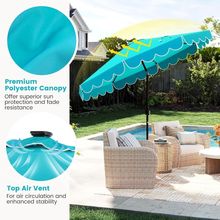 9-10 foot patio umbrella HarmonyStrings 9 FT/10 FT Solar Patio Umbrella, 2-Tiers Scalloped Outdoor  Table Market Umbrella with 32 LED Lights, Vented Top Tilt Adjustment,  Crank,