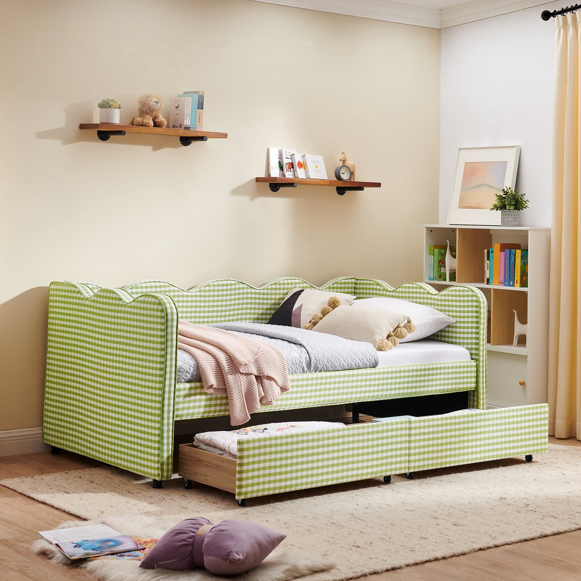 Leumius Twin Size Gingham Daybed with Storage Drawers,Modern Linen Daybed with USB Ports & Wave Shaped,Upholstered Day Bed Frame Sofa Bed for Living Room/Bedroom/Guest Room,Green