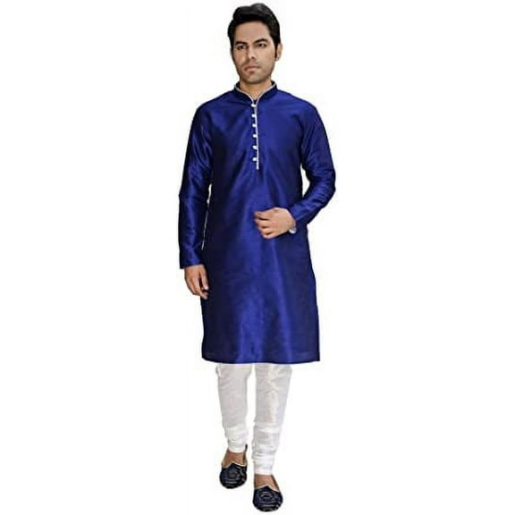 Royal Kurta Men's Silk Blend Loop Button Kurta Churidar Set Blue