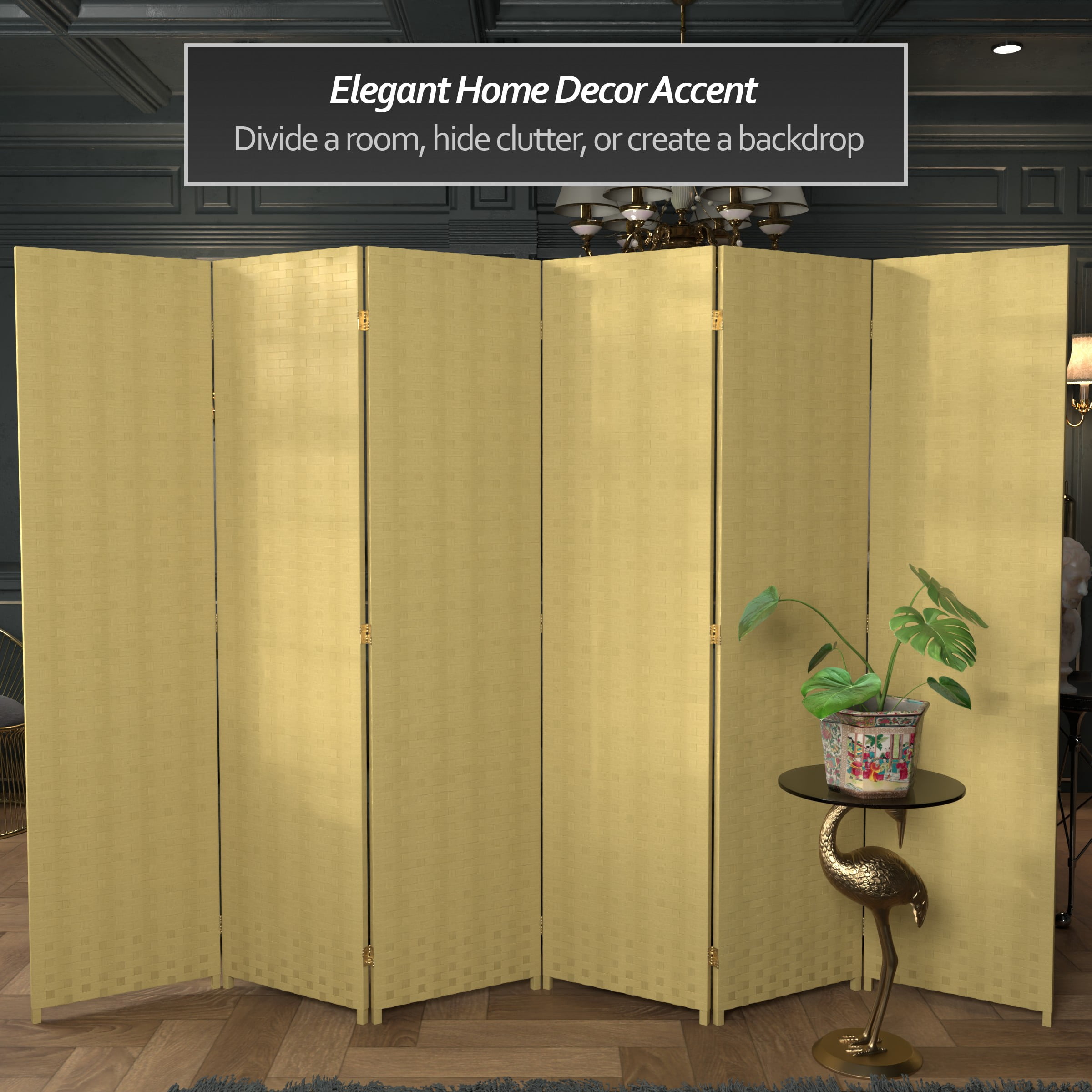 Oriental Furniture 6 ft. Tall Woven Fiber Room Divider - 6 Panel - Dark Beige
