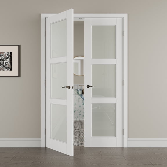 48" x 80" 3 Panel Frosted Glass Double Doors with French Door Ready-to-Assemble Jamb, Solid Door, Black Levers & Hinges, Interior Door, Pre-finished & Paintable, White