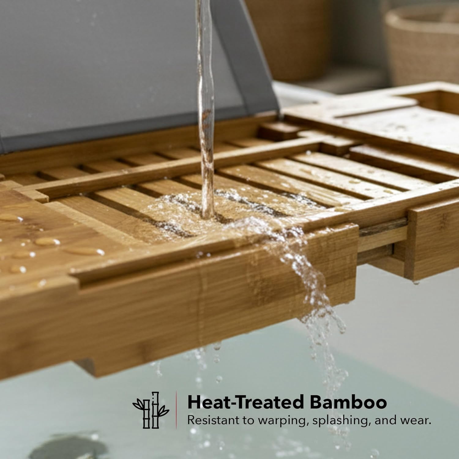 OVENTE Bathtub Tray Caddy, Expandable Bamboo Bath Tray Table, Wooden Tub Board with Books, Tablets, Phone and Wine Glass Holder, Bathroom Accessories and Home Spa Essentials, Wood BTC20228