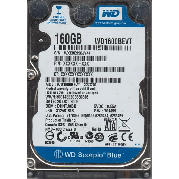 WD1600BEVT-22ZCT0, DCM DHNTJABB, Western Digital 160GB SATA 2.5 Hard Drive
