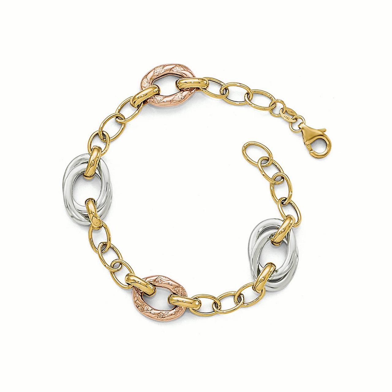 White CZ Textured Twisted Link Figure Eight Sterling Silver Gold Plated Bracelet 