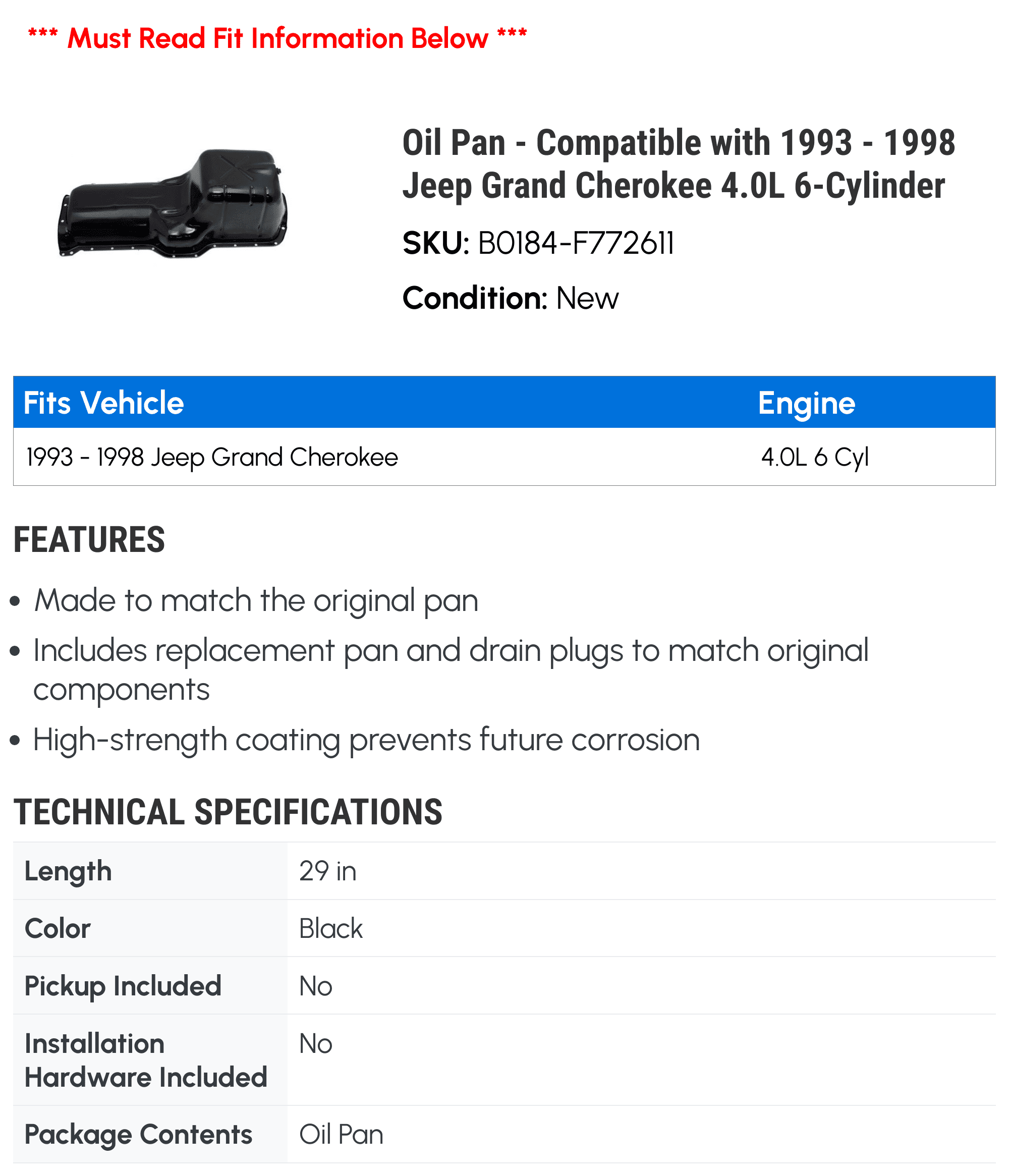 Oil Pan - Compatible with 1993 - 1998 Jeep Grand Cherokee 4.0L 6-Cylinder - Dorman