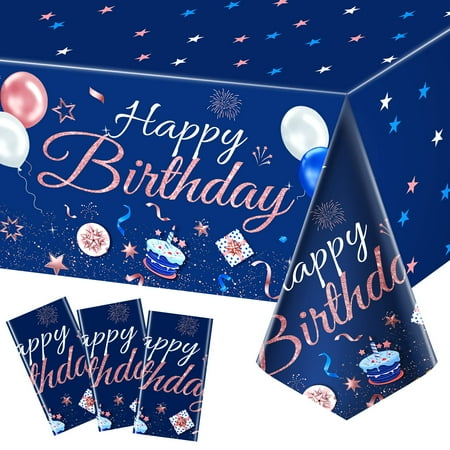 

MOAOO 3 Pieces Navy Blue and Rose Gold Birthday Party Tablecloths Disposable Happy Birthday Tablecovers for Boys Girls Men Women Birthday Party Decorations Supplies 54 x 108 Inches