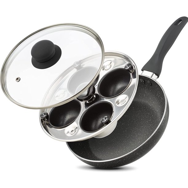 Eggssentials 2in1 Egg Poacher & Nonstick Fry Pan with Spatula and Tempered Glass Lid, 4 Cups