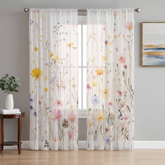 Country Wildflowers Sheer Curtains 84 Inch Length 2 Panels Set, Spring Rustic Vintage Botanical Voile Window Treatment Rod Pocket Curtains Sheers Drapes for Bedroom/Living Room/Kitchen 52"x84"x2