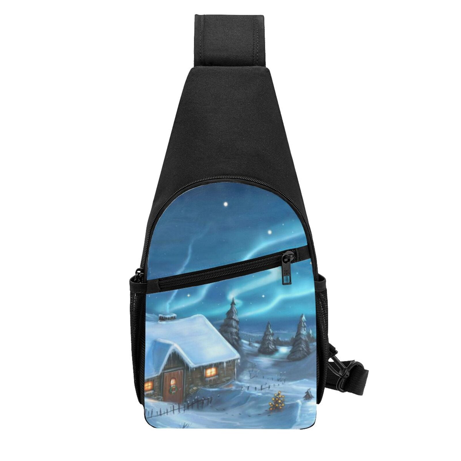 Xecao's Mountain Cottage In Snow Print Sling Bag: A Versatile Chest, Shoulder, and Crossbody Backpack for Casual Days Out, Perfect for Both Men and Women