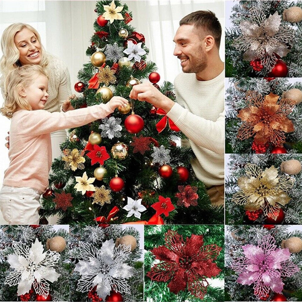 Dtydtpe Christmas Decorations, 10Pcs Christmas Flowers Trees Decor Glitter  Wed Birthday Party Decor for Christmas Christmas Tree Decorations 
