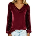 thumbnail image 6 of Oplxuo Cowl Neck Velvet Shirts for Women Dressy Mesh Long Sleeve Going Out Casual Tunic Tops Loose Party Blouse, 6 of 7