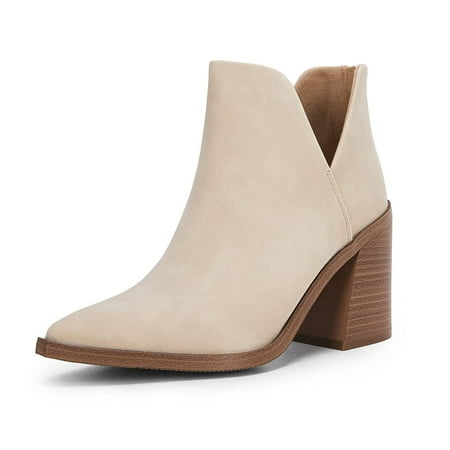

Saodimallsu Women Stacked Mid Heel Ankle Boots V Cut Back Zipper Booties