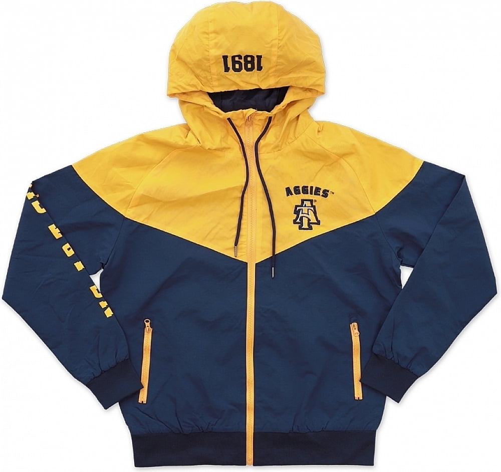 yellow and navy blue windbreaker