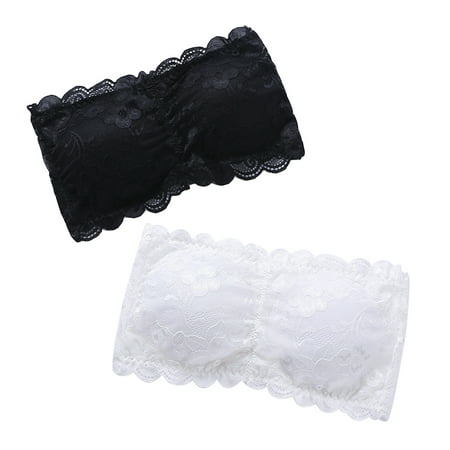 2pcs Women's One Size Strapless Lace Bandeau Bra Padded Removable Seamless Stretch Bandeau Tube Bra Top (White & (Best Padded Bandeau Bra)