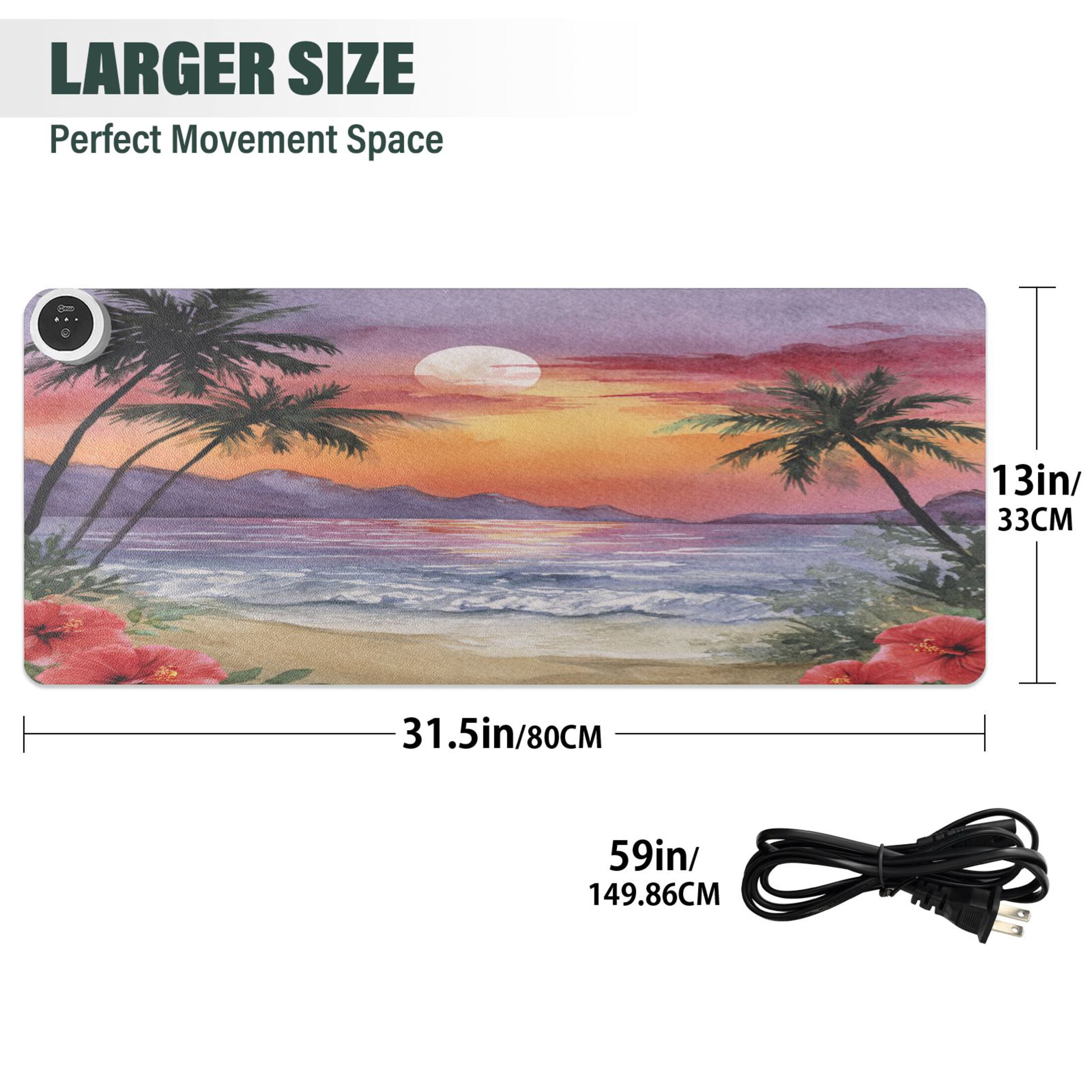 Large Heated Desk Mat Mouse Pad 31.5"x13"PU Leather Graphene Heating Desk Warmer with 3 Temperature Settings 110V US Plug Non-Slip Warm Pad for Home, Office, and Gaming Tropical Sunset Beach Print