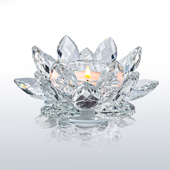 Rongsi Crystal Lotus Flower Tealight Candle Holder, Clear K9 Glass Candlestick Centerpiece for Weddings, Home Decor, and Gifts (1 Piece)