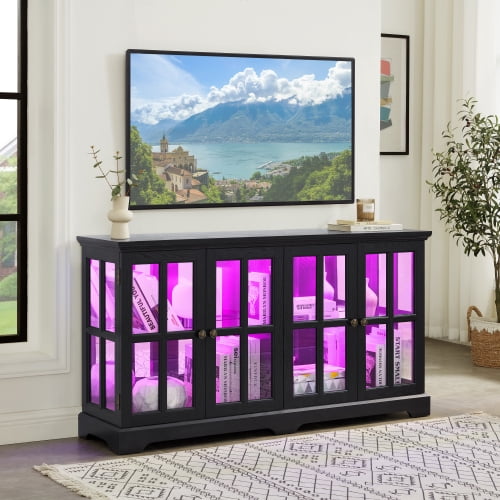 LED Curio Display Cabinet Antique Display Cabinet with Glass Doors Adjustable Shelves for Collectibles Four Door Design Vintage Showcase, Black