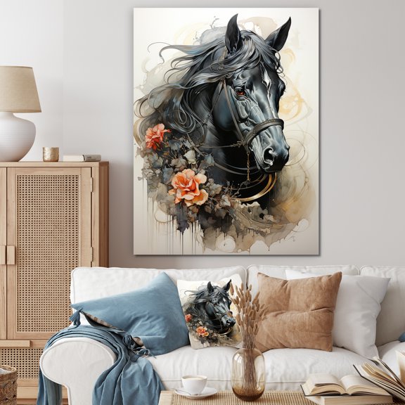 Designart "Floral Horse Beauty Black Portrait" Animals Canvas Wall Art - Traditional Pink Horse Bedroom Canvas Wall Art