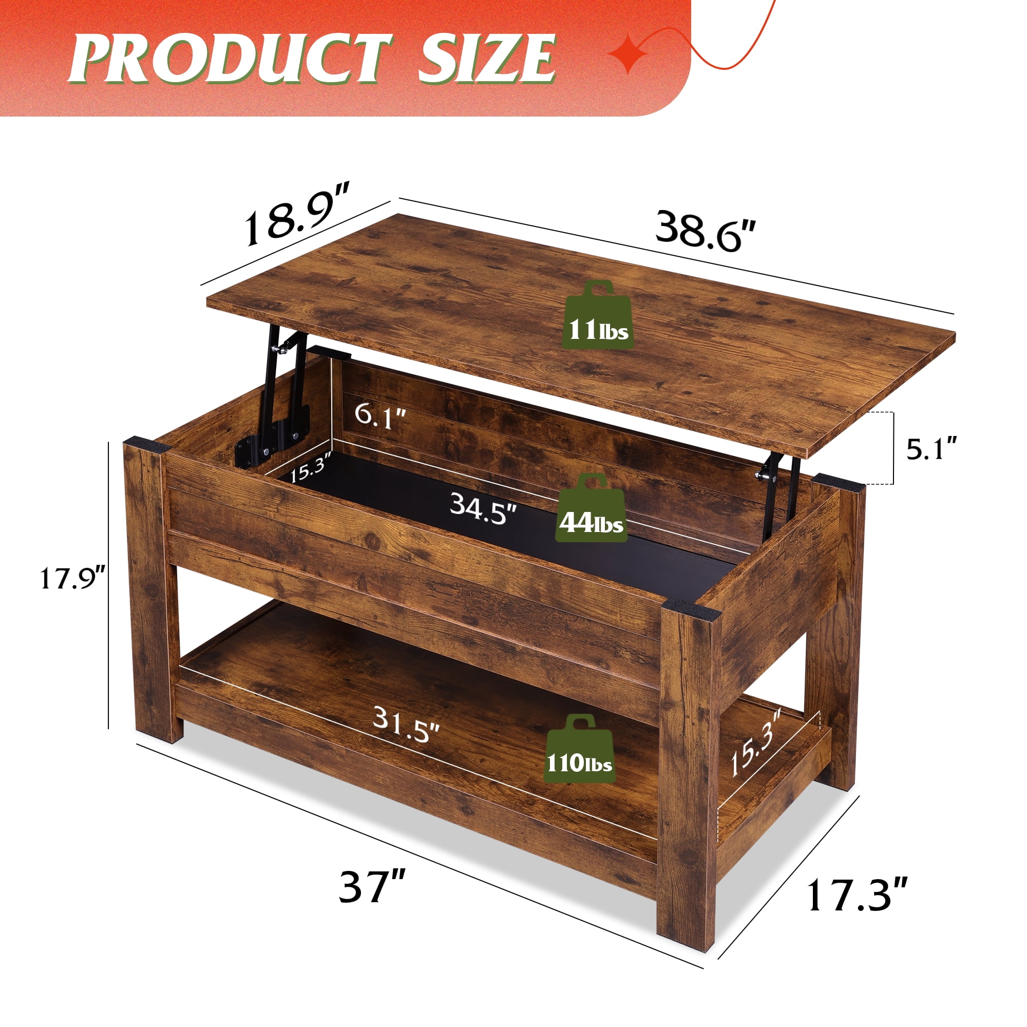 GALAXHERO 39" Lift Top Coffee Table with Hidden Storage and Storage Shelf Lift Up Coffee Table for Living Room Rustic Brown