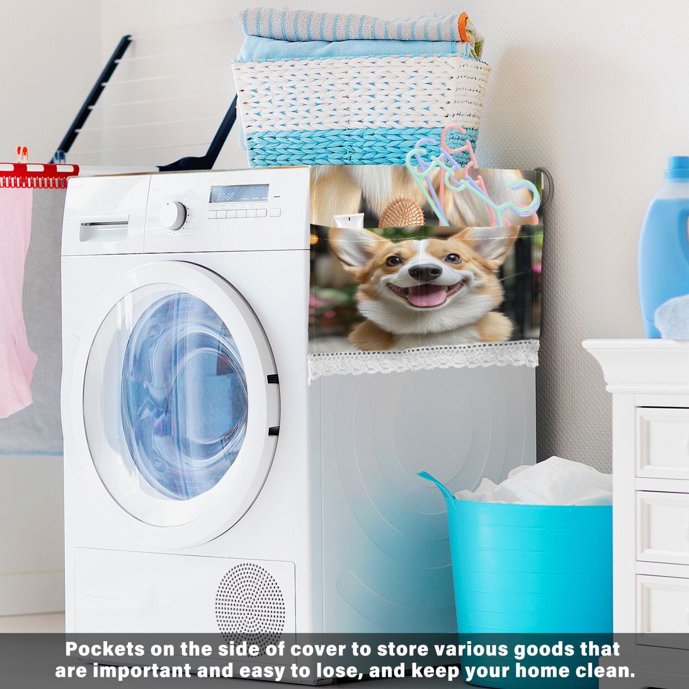 Cute CorgiWasher and Dryer Covers Dust-Proof and Oil Resistant Fridge Cover with 4 Storage Pockets Washing Machine Top Cover for Laundry Kitchen Home 51.2 x 22 In