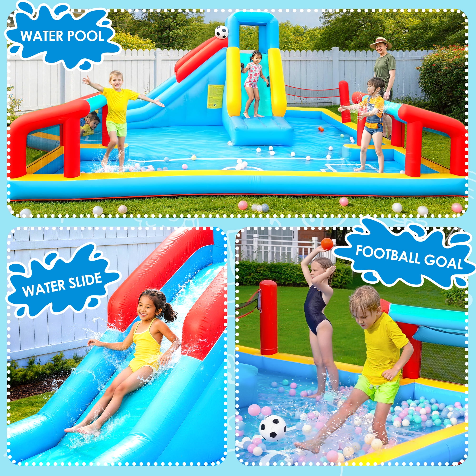 Inflatable Water Slide, Inflatable Bounce House for Kids, Climbing Wall, Jumping Area, Football Goal, Volleyball Net, Indoor & Outdoor, Age 3+