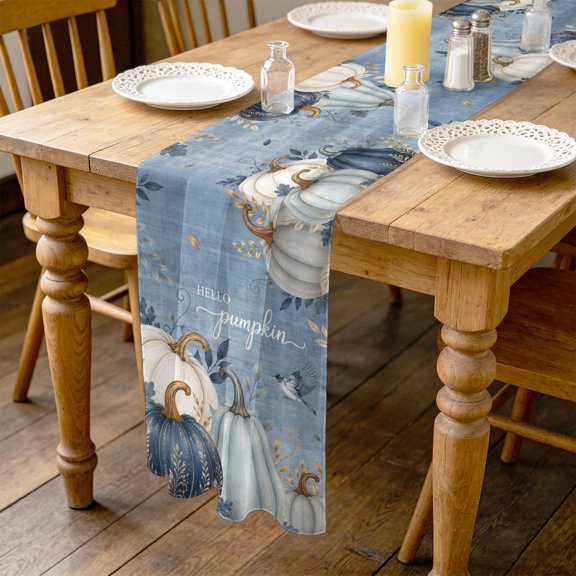 Thanksgiving 4.5ft Cheesecloth Table Runner for Wedding 19"x55", Fall White Blue Pumpkin Gold Leaf Rustic Country Kitchen Dinner Sheer Tulle Chiffon Dresser Scarf, Holiday Party Decorations