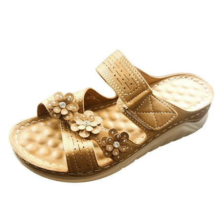 

SEMIMAY Women Summer Flowers Decorate Slip On Casual Open Toe Wedges Comfortable Beach Shoes Sandals Khaki