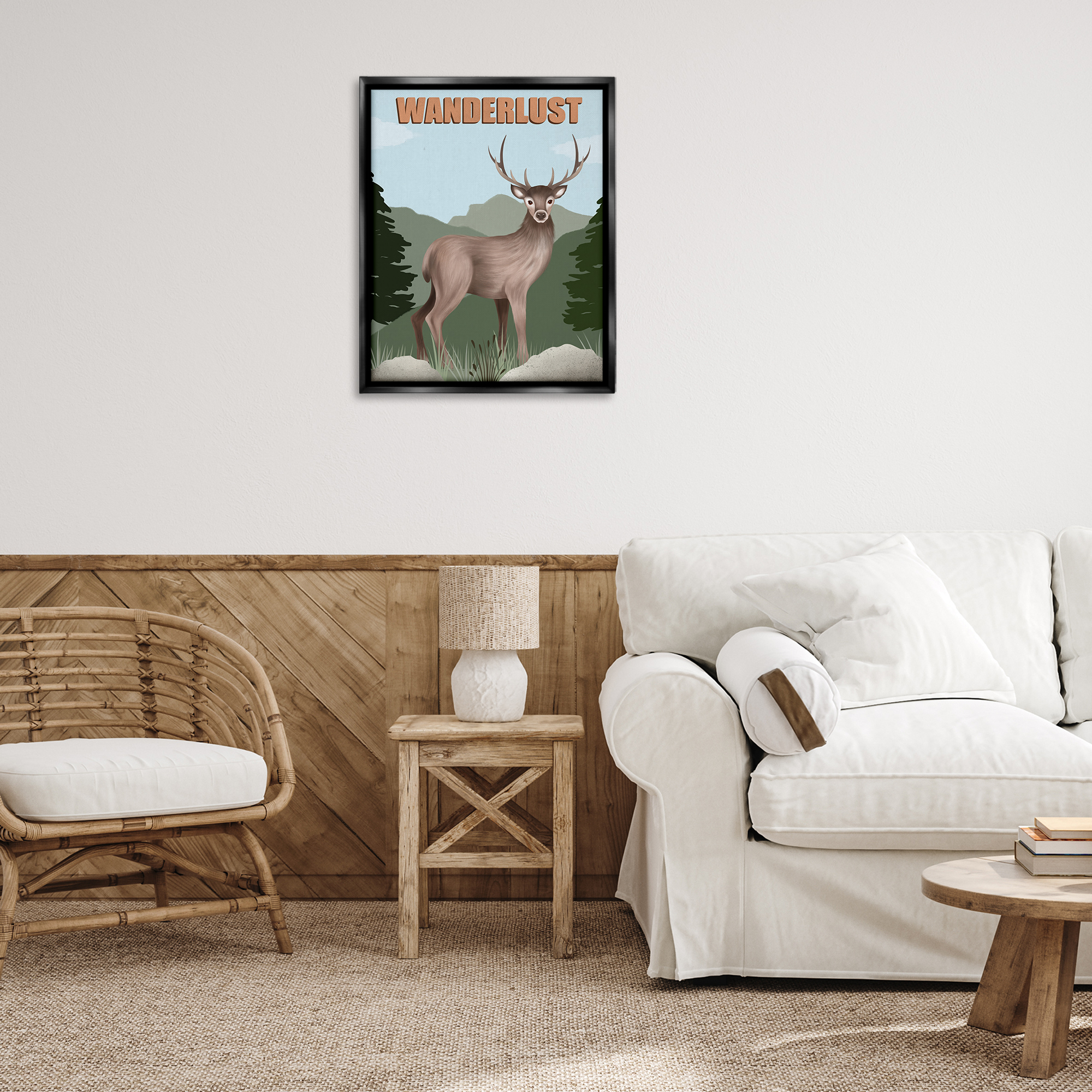 Stupell Industries Wanderlust Nature & Deer Animals Painting Black Floater Framed Canvas Art Print Wall Art, 25 x 31
