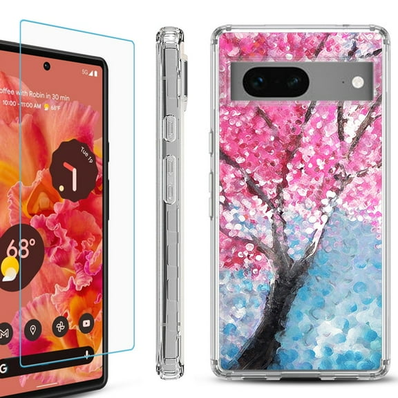 OneToughShield ® for Google Pixel 7a Shockproof Bumper Phone Case, with Tempered Glass Screen Protector - Blossom Paint