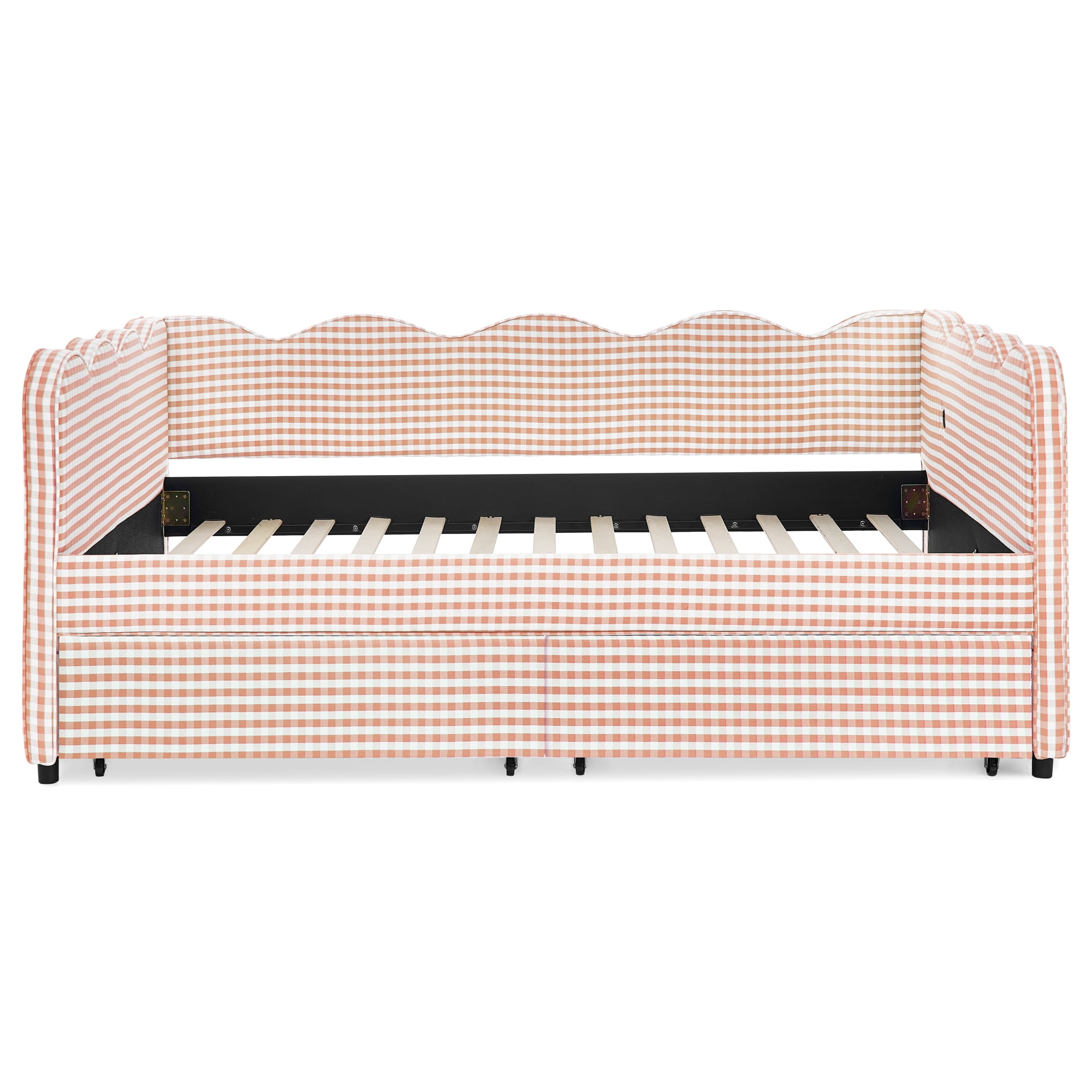 Full Size Daybed with Storage Drawers and USB Port, Upholstered Linen Sofa Bed Frame with Wave Design, Kids Guest Bed for Bedroom Living Room, Pink