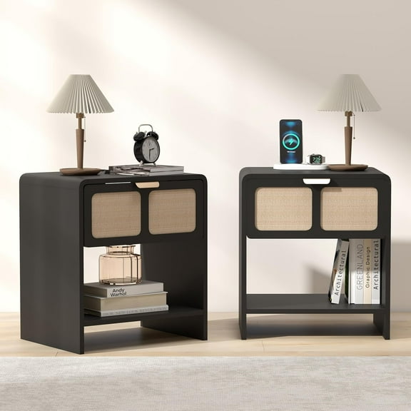 LEVNARY Nightstand Set of 2, Mid-Century Modern Bedside Table with Charging Station and Fabric-Like Textured Drawer, Wooden End Table for Farmhouse Bedroom Living Room (2, Black)